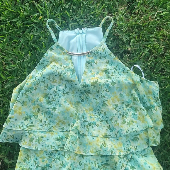 Kensie mint green yellow floral racerback sleeveless ruffled dress 8 - Picture 10 of 14